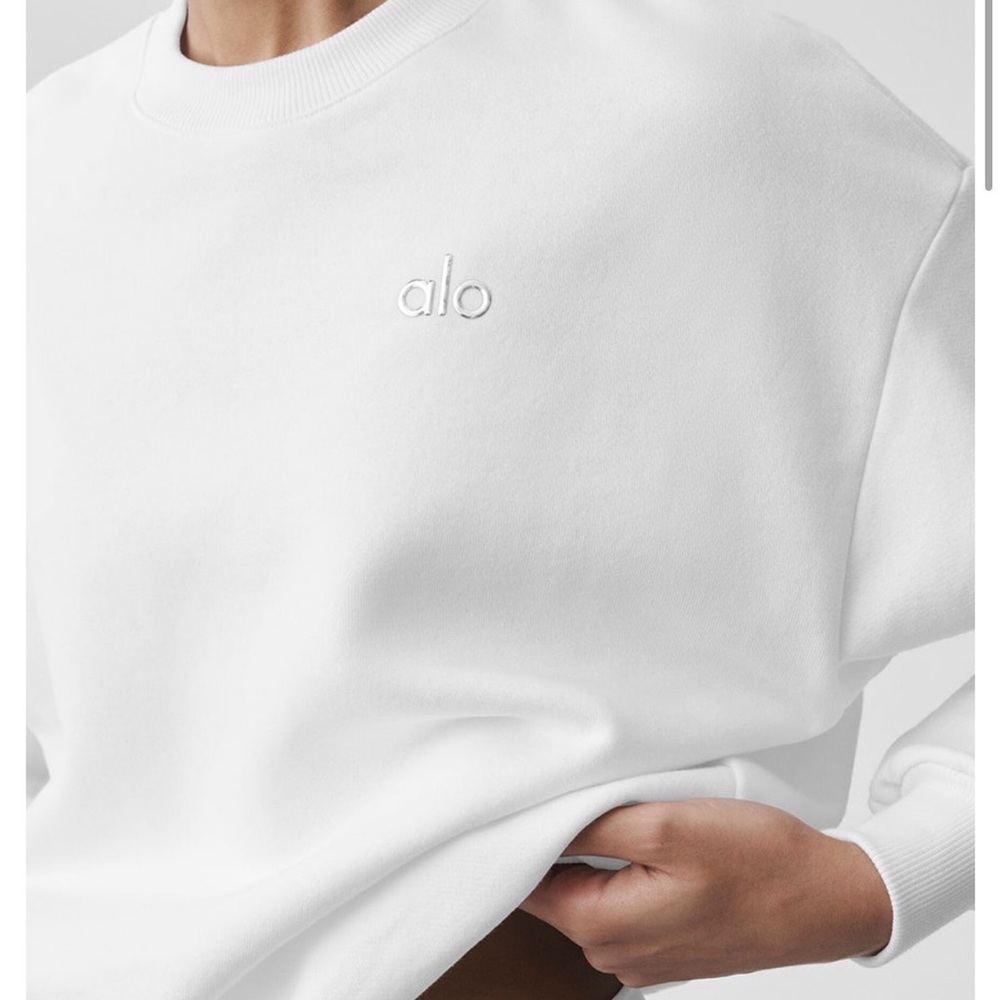 ALO Yoga Women's White Crewneck Sweater with Tonal Embroidered Logo